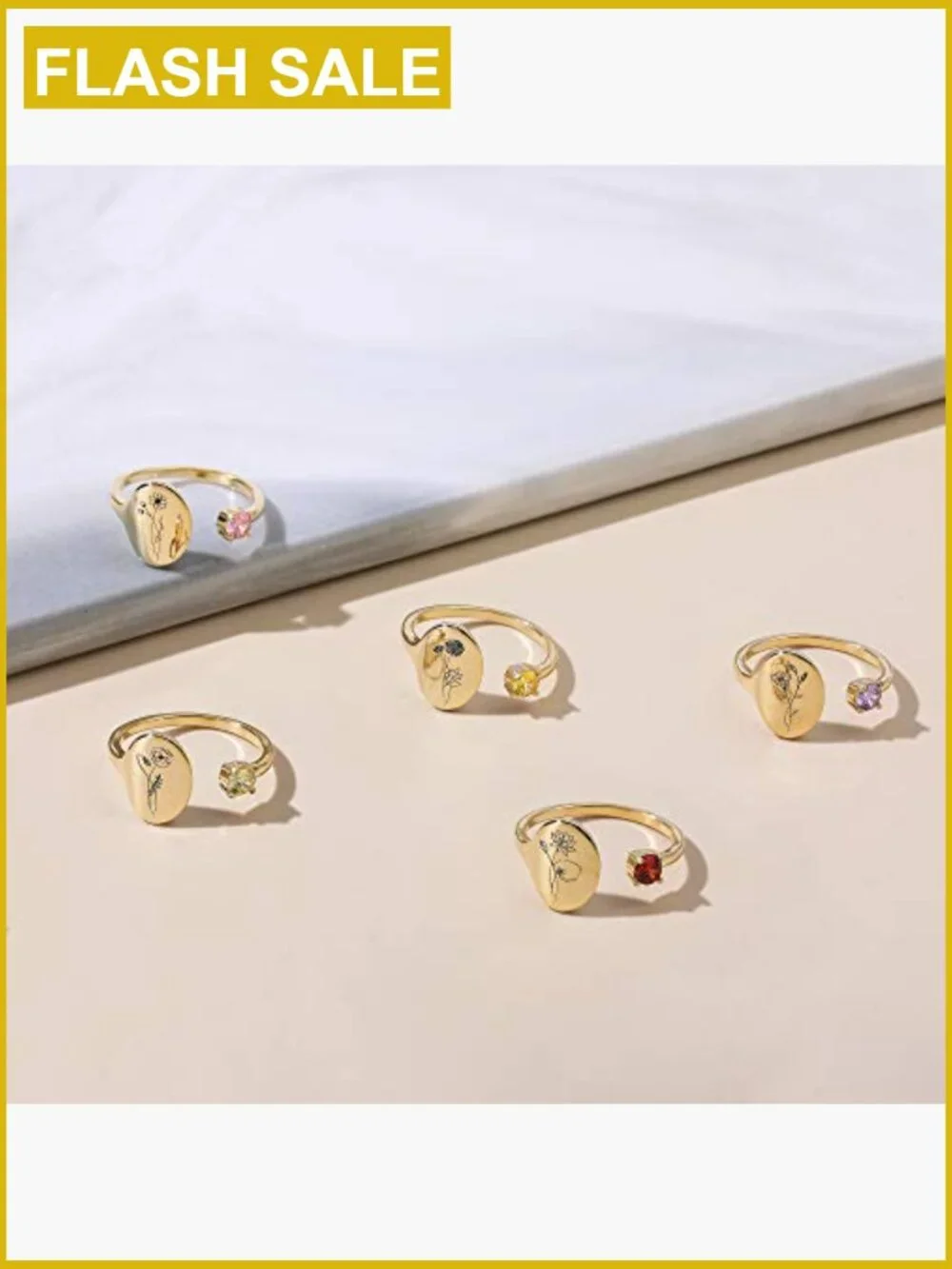 Handmade Birth Flower Signet Ring 14K Gold Plated Adjustable